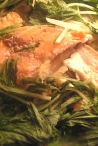 鮭と厚揚げと水菜と白菜の水炊き