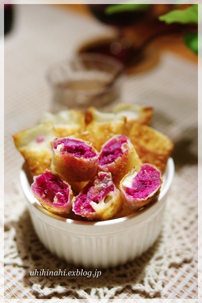 紫芋とカマンベールのワンタンの皮揚げの画像
