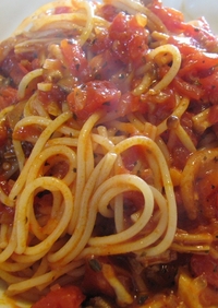 ベーコンときのこのトマトスパゲティ