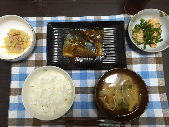 サバの味噌煮とささみとピーマンの塩炒め