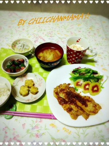 玉葱絡めの生姜焼きに和のおかずで晩御飯