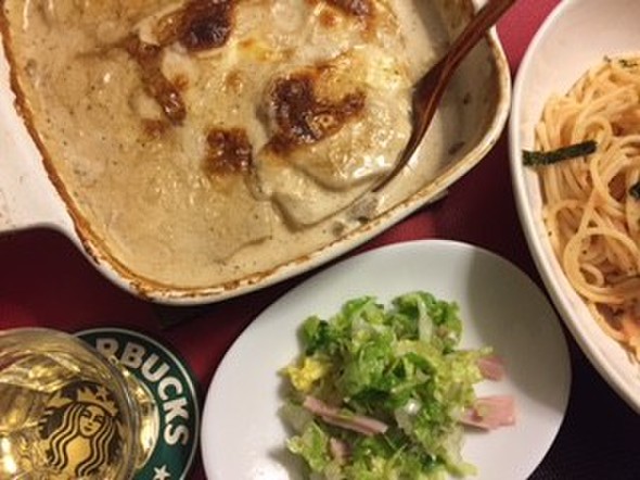 休日息子と2人グラタンとパスタで晩ごはん