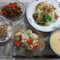 もやしと青梗菜と搾菜の炒め物の朝御飯