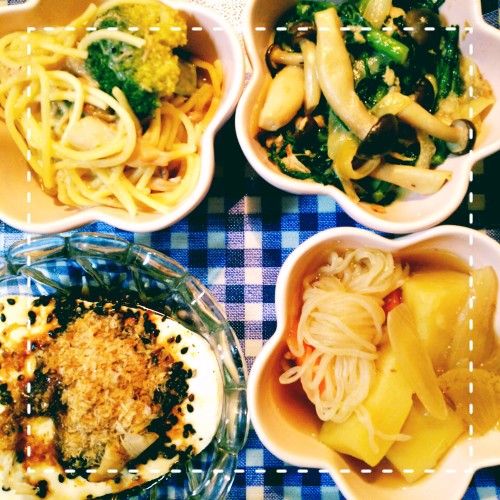 ブロッコリーパスタ、肉じゃが、春菊炒め
