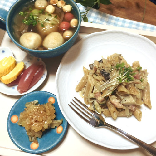 ペンネとスープで晩御飯