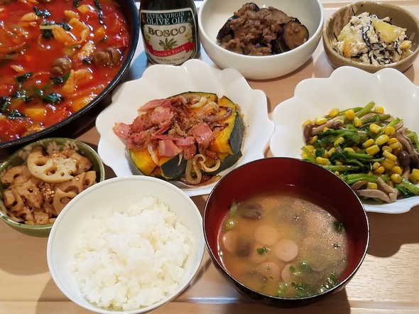 トマトチキンのオリーブオイル鍋&白和え