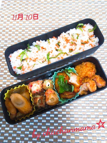 鶏唐甘酢ソースと練り物沢山の息子弁当^^