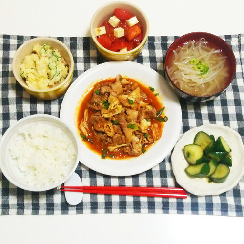豚薄切り肉のプルダック風で晩ごはん