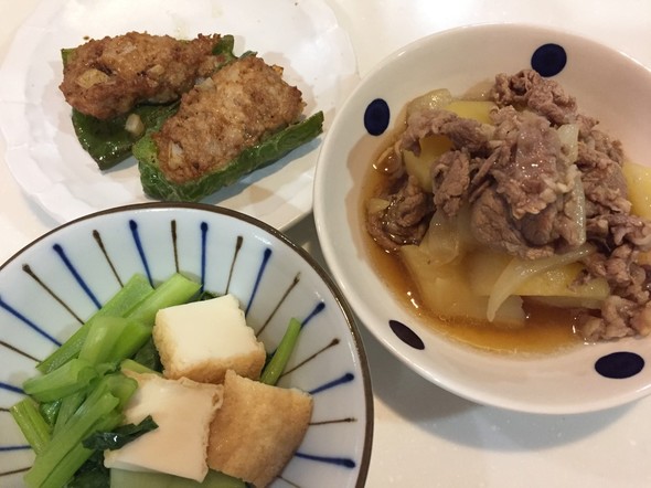 肉じゃが ピーマン肉つめ 小松菜煮浸し