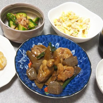 鶏とごぼうとこんにゃくの煮物の晩ご飯