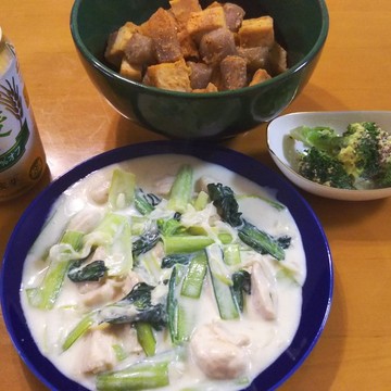 鶏胸肉と小松菜のクリーム煮で晩酌