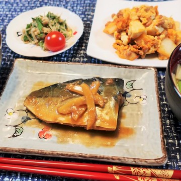 鯖の味噌煮と野菜と発酵食品の夕食