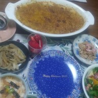 南瓜と合挽き肉のカレー風味グラタンの夕食