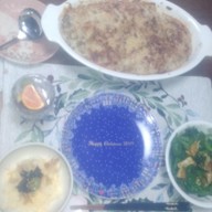 南瓜と挽肉のホワイトソースグラタンの夕食