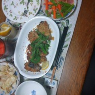 マヨネーズ醤油味の鰹のフライの夕食