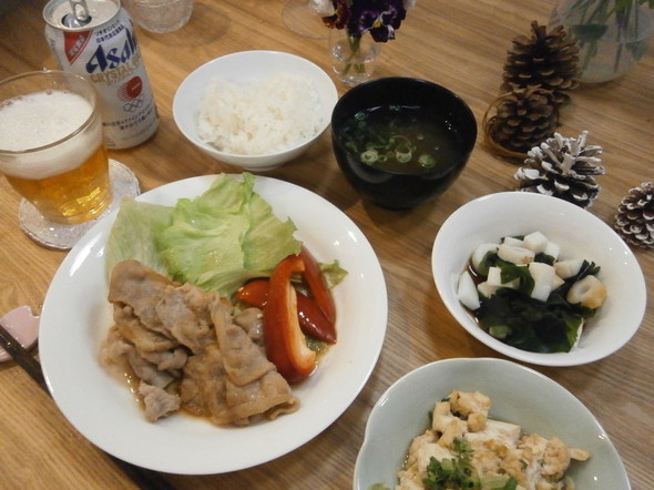 念願の一汁三菜!ご褒美に晩酌140221