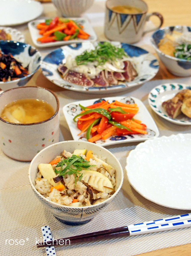 炊き込み筍ご飯と鰹のたたき 野菜の副菜で By Rose クックパッド みんながのせた献立