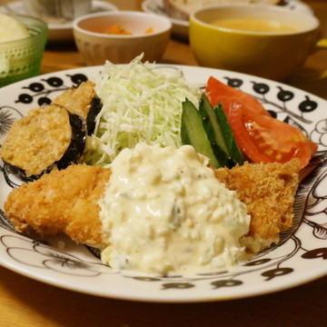 夕食☆鮭フライ×さつま芋と人参のスープ