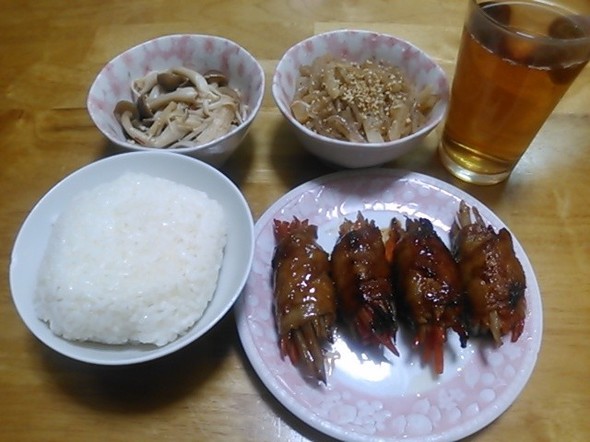 牛蒡と人参の肉巻中心の夕食_150303